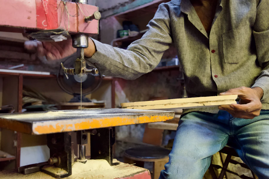 A carpenter working in a small workshop