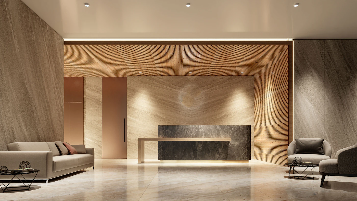 A calm, wood-panelled office reception with seating